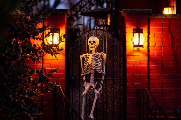 Halloween skeleton decoration on outside door.