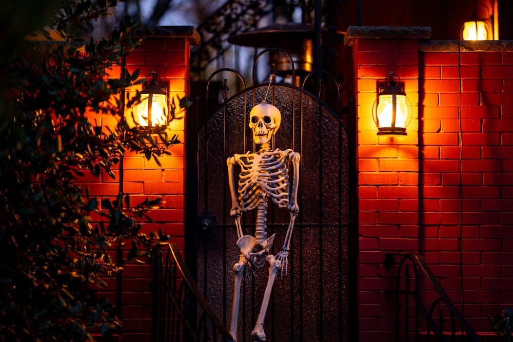 Halloween skeleton decoration on outside door.